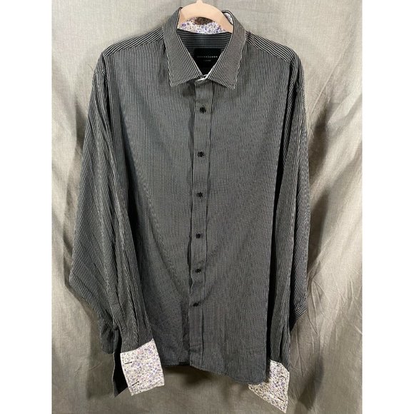 Dress Code‎ Button Up Shirt Adult Large Black Grey Striped Contrast Cuff Mens. - Picture 1 of 8